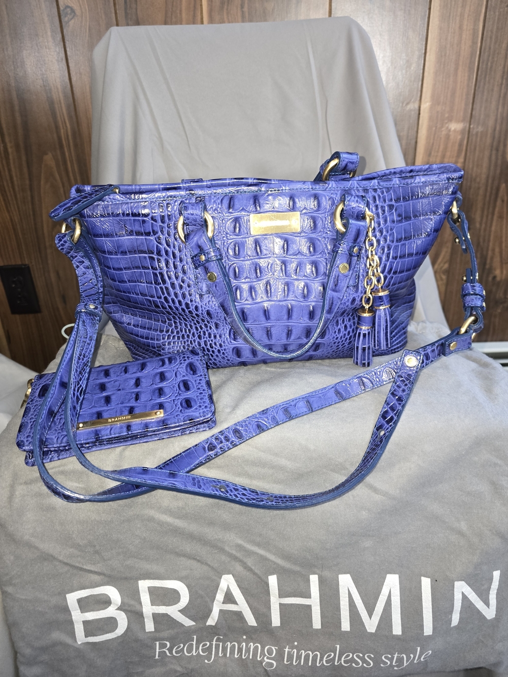 Brahmin Croc-Embossed Leather Tote with Wristlet in Vivid Purple